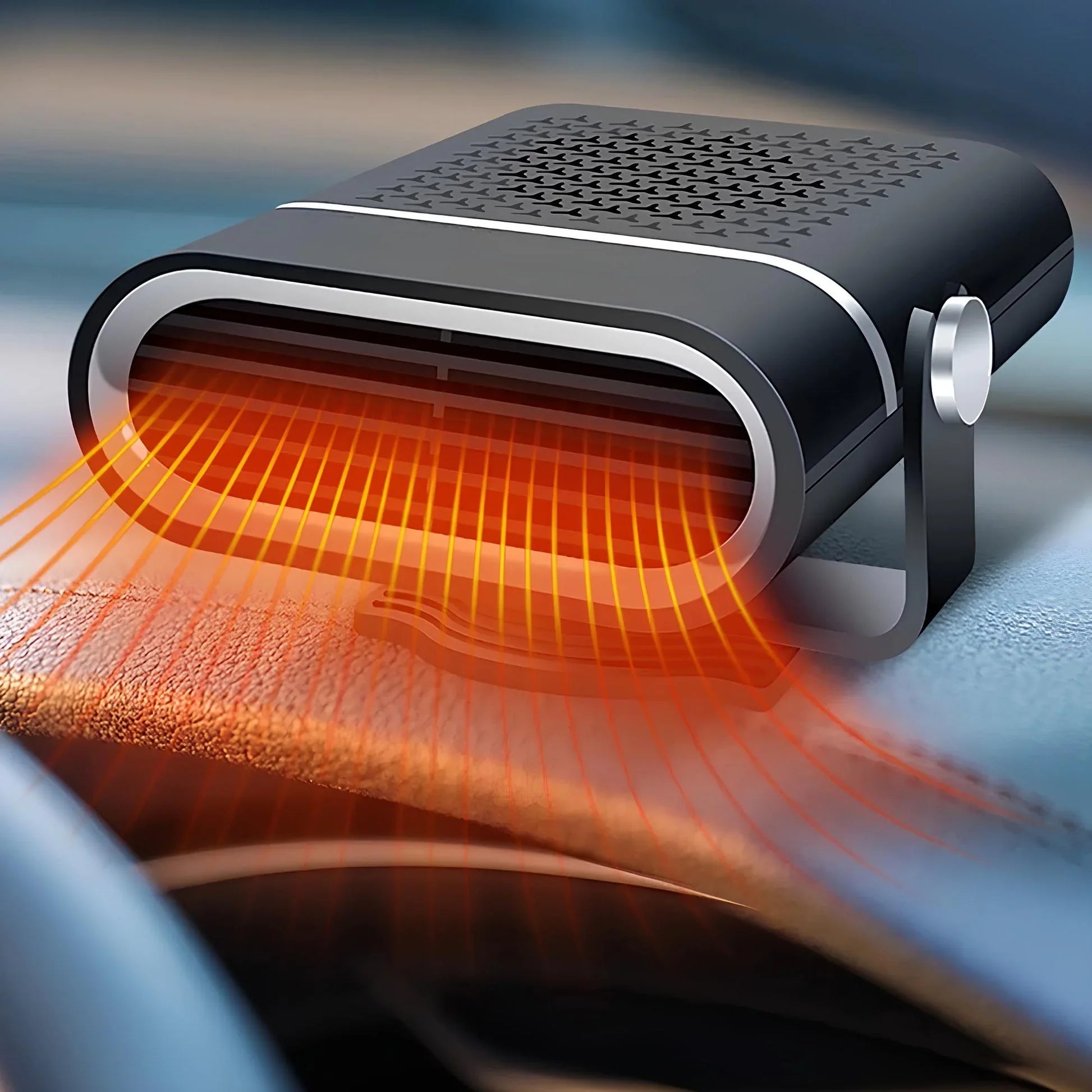 Tragbares Autoheizgerät auf Armaturenbrett, zeigt ausströmende warme Luft, innovatives Technik-Gadget